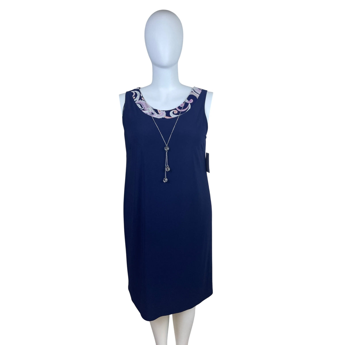 R&M Richards Womens Navy & Paisley 2-Piece Dress Set With Necklace Sz 18W - New