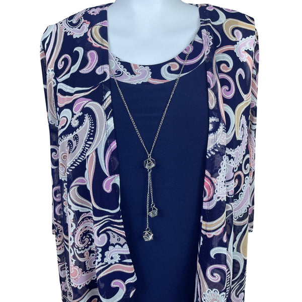 R&M Richards Womens Navy & Paisley 2-Piece Dress Set With Necklace Sz 18W - New