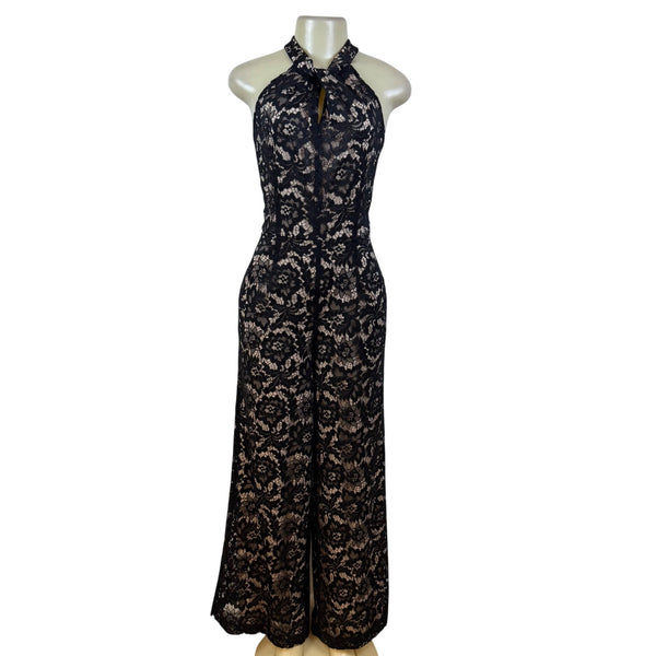 Julia Jordan Black & Nude Women’s Floral Lace Jumpsuit Halter Neck Sz 12