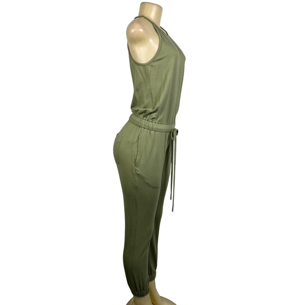 Loft Womens Olive Green Knit Halter Jumpsuit Tie Waist Keyhole Back XS