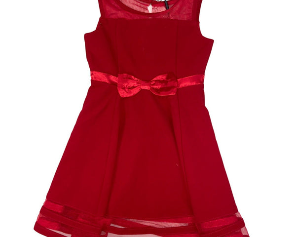 Calvin Klein Girls Red Fit & Flare Dress With Sheer Mesh Details & Bow Accent Size 5
