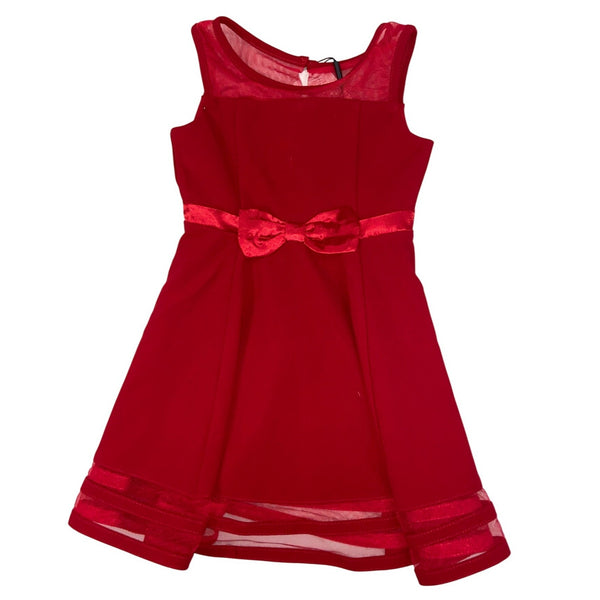 Calvin Klein Girls Red Fit & Flare Dress With Sheer Mesh Details & Bow Accent Size 5