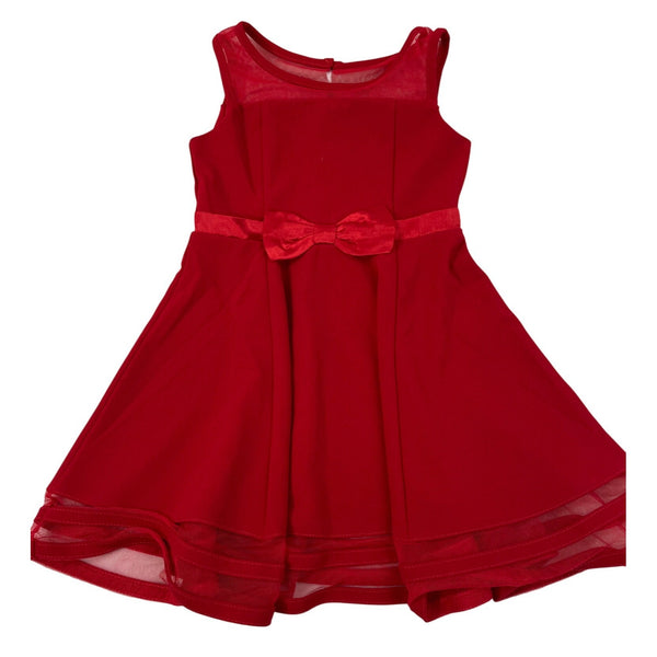 Calvin Klein Girls Red Fit & Flare Dress With Sheer Mesh Details & Bow Accent Size 5
