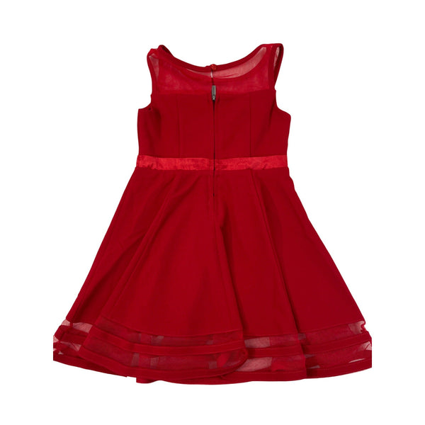 Calvin Klein Girls Red Fit & Flare Dress With Sheer Mesh Details & Bow Accent Size 5