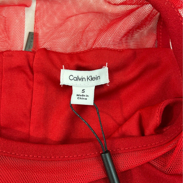 Calvin Klein Girls Red Fit & Flare Dress With Sheer Mesh Details & Bow Accent Size 5