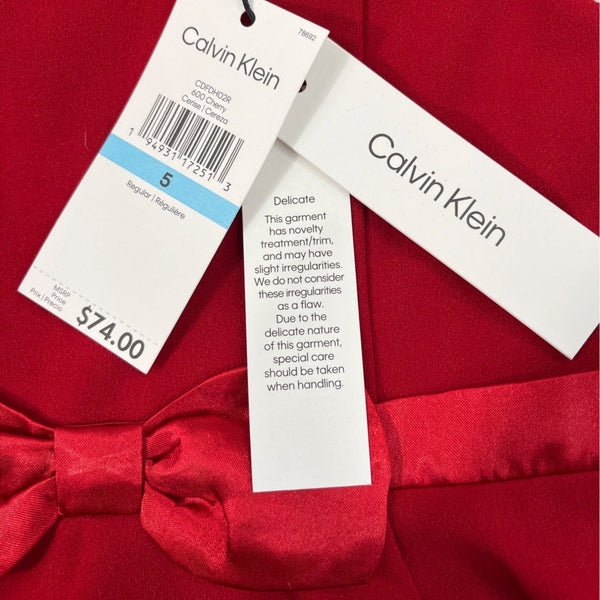 Calvin Klein Girls Red Fit & Flare Dress With Sheer Mesh Details & Bow Accent Size 5