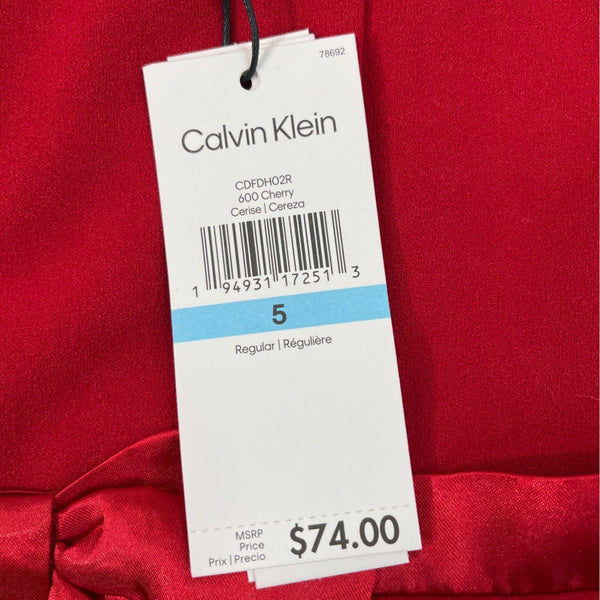 Calvin Klein Girls Red Fit & Flare Dress With Sheer Mesh Details & Bow Accent Size 5