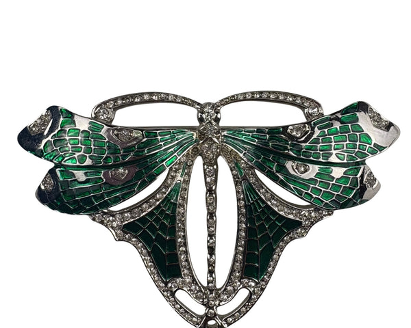 Kenneth Jay Lane Green Enamel Rhinestone Dragonfly Brooch Pin Silver Tone Elegant