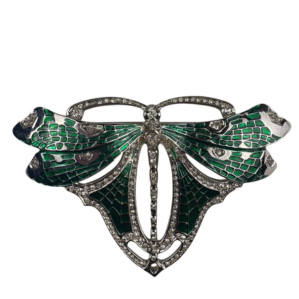 Kenneth Jay Lane Green Enamel Rhinestone Dragonfly Brooch Pin Silver Tone Elegant