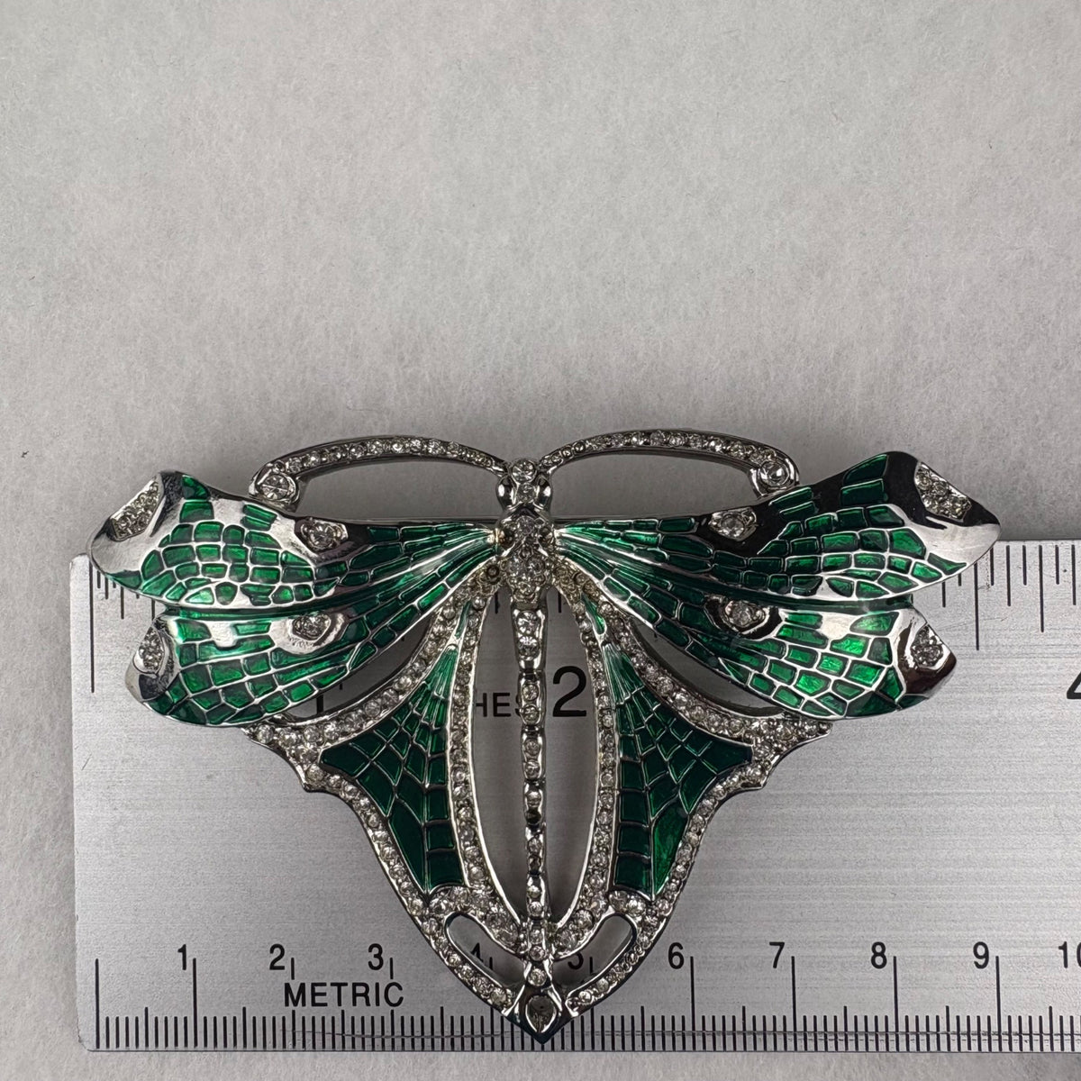 Kenneth Jay Lane Green Enamel Rhinestone Dragonfly Brooch Pin Silver Tone Elegant