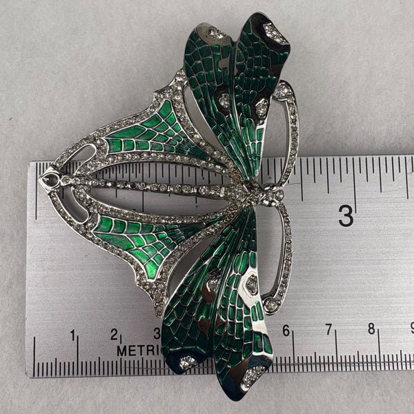 Kenneth Jay Lane Green Enamel Rhinestone Dragonfly Brooch Pin Silver Tone Elegant