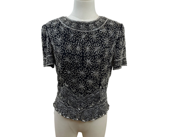 Papell Boutique Evening Black & Silver Beaded Silk Top Short Sleeve Floral Sz S