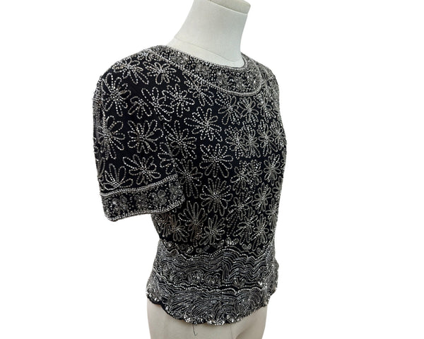 Papell Boutique Evening Black & Silver Beaded Silk Top Short Sleeve Floral Sz S