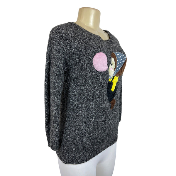 Women's Vintage Gray Knitted Long Sleeve Sweater With Cartoon Applique Design
