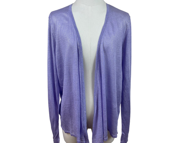 Chicos Foil Drape Alyssa Cardigan Sweater Violet Hill Size 3 Long Sleeve Lightweight Ramie & Rayon Blend