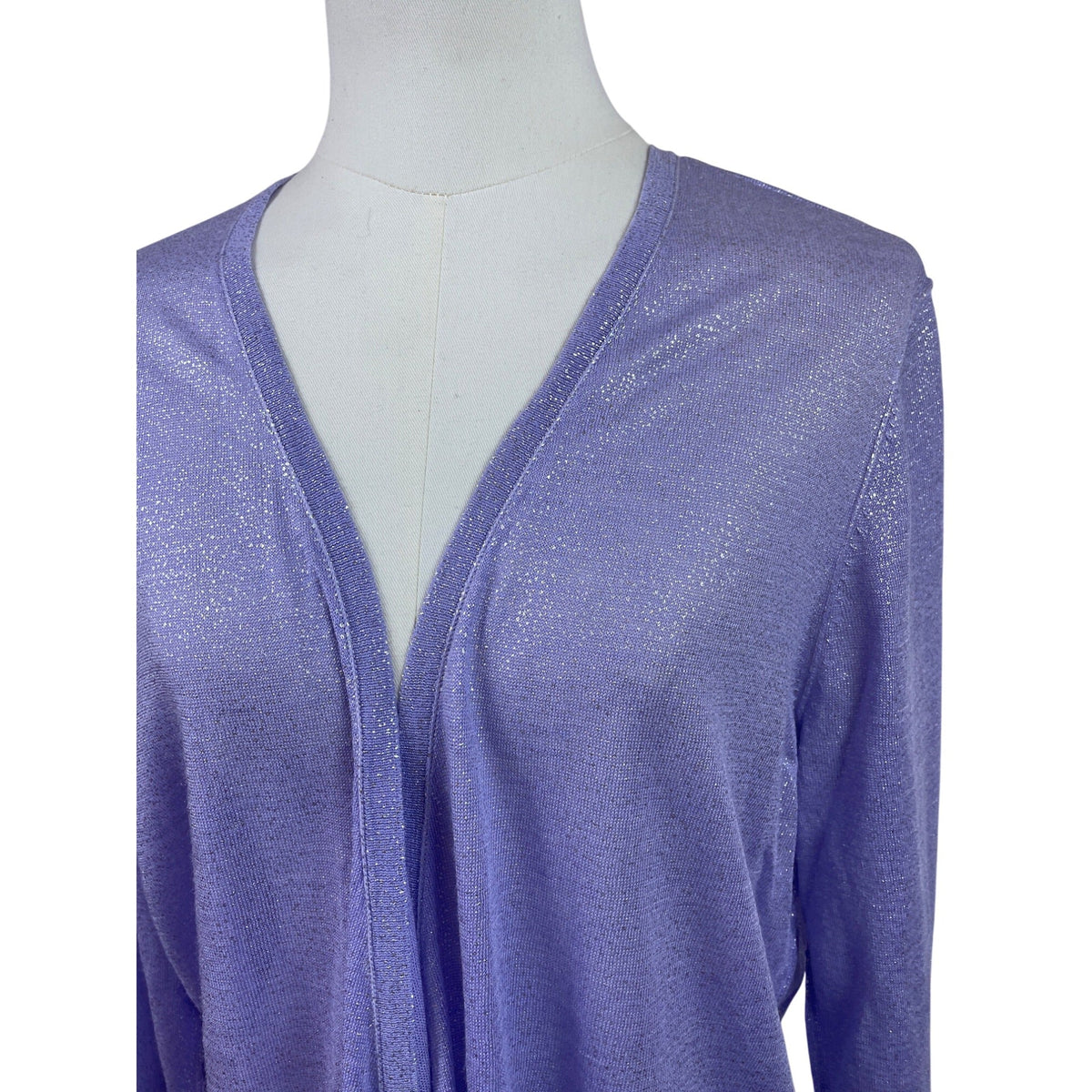 Chicos Foil Drape Alyssa Cardigan Sweater Violet Hill Size 3 Long Sleeve Lightweight Ramie & Rayon Blend