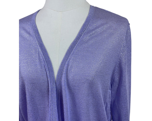 Chicos Foil Drape Alyssa Cardigan Sweater Violet Hill Size 3 Long Sleeve Lightweight Ramie & Rayon Blend