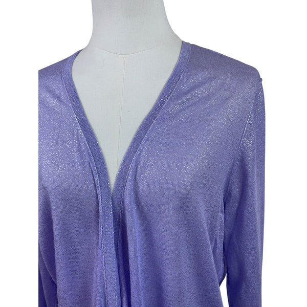 Chicos Foil Drape Alyssa Cardigan Sweater Violet Hill Size 3 Long Sleeve Lightweight Ramie & Rayon Blend