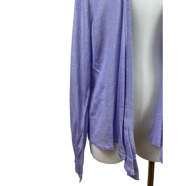 Chicos Foil Drape Alyssa Cardigan Sweater Violet Hill Size 3 Long Sleeve Lightweight Ramie & Rayon Blend