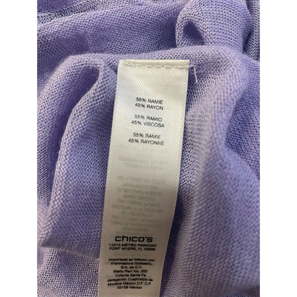 Chicos Foil Drape Alyssa Cardigan Sweater Violet Hill Size 3 Long Sleeve Lightweight Ramie & Rayon Blend