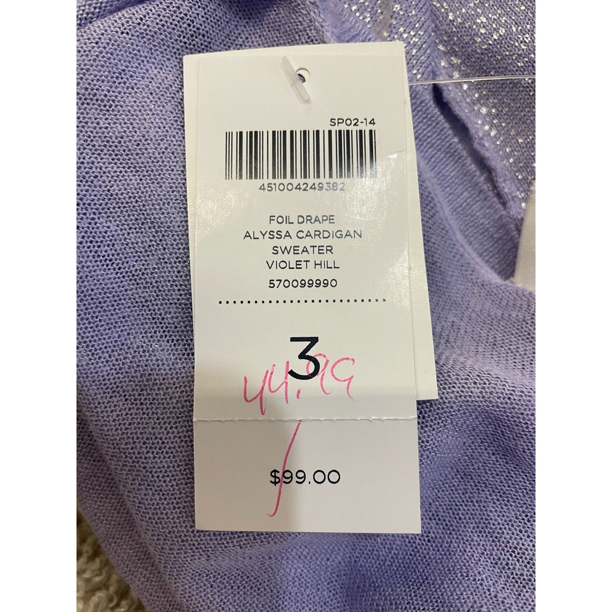 Chicos Foil Drape Alyssa Cardigan Sweater Violet Hill Size 3 Long Sleeve Lightweight Ramie & Rayon Blend