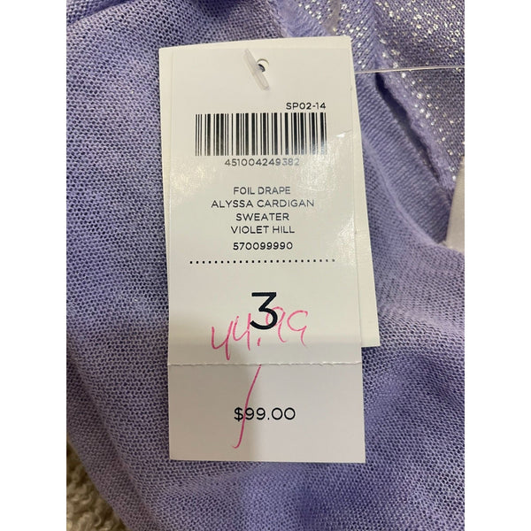 Chicos Foil Drape Alyssa Cardigan Sweater Violet Hill Size 3 Long Sleeve Lightweight Ramie & Rayon Blend