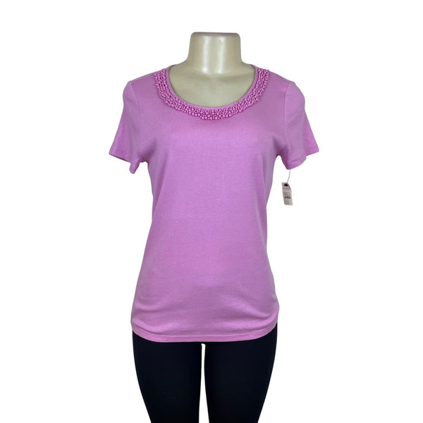 Talbots Women's Pink Short Sleeve Top With Beaded Scoop Neck Sz S - New