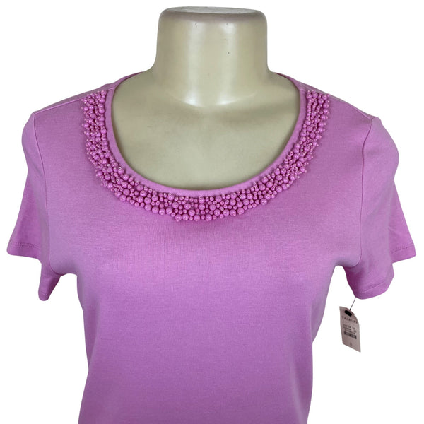 Talbots Women's Pink Short Sleeve Top With Beaded Scoop Neck Sz S - New