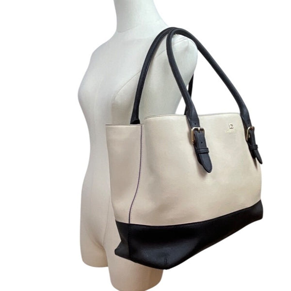 Kate Spade Beige & Black Two Tone Leather Adjustable Handles Tote Bag Sz L