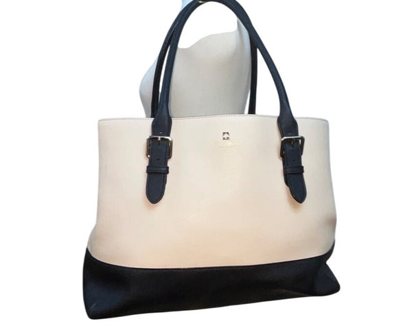 Kate Spade Beige & Black Two Tone Leather Adjustable Handles Tote Bag Sz L