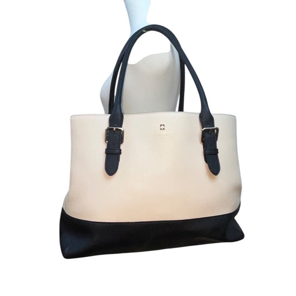 Kate Spade Beige & Black Two Tone Leather Adjustable Handles Tote Bag Sz L