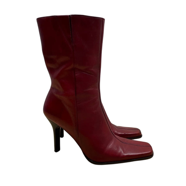 Diba Women’s Red Leather Square Toe Side Zipper Mid-Calf Heeled Boots 7.5M