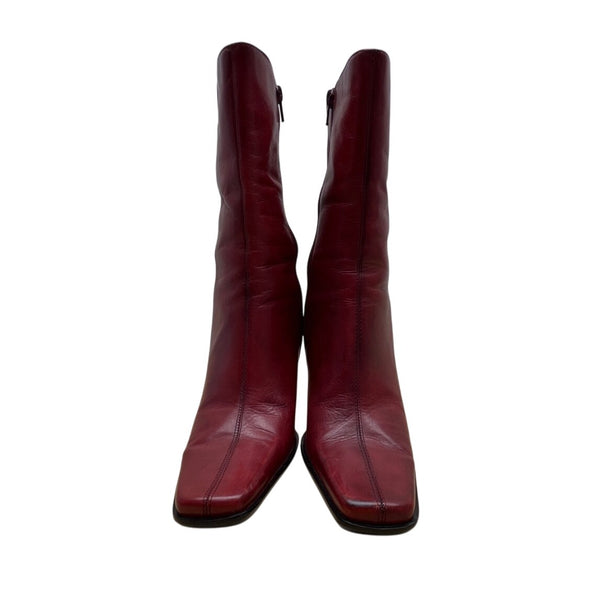 Diba Women’s Red Leather Square Toe Side Zipper Mid-Calf Heeled Boots 7.5M