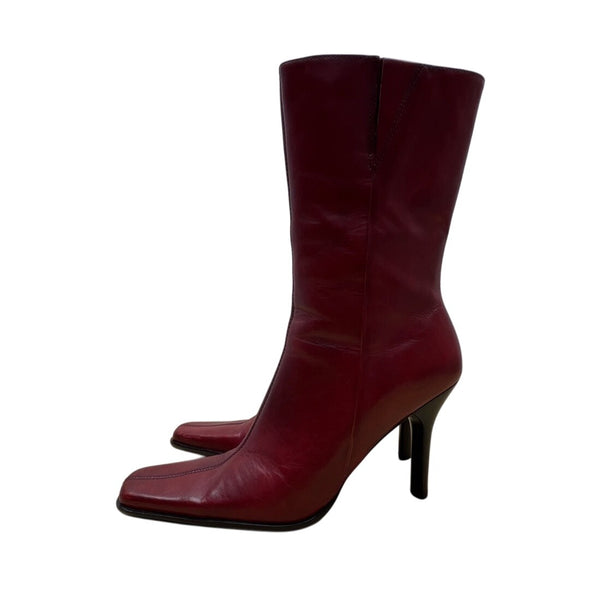 Diba Women’s Red Leather Square Toe Side Zipper Mid-Calf Heeled Boots 7.5M