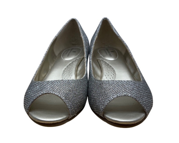 Bandolino Womens Silver Glitter Flexible Peep Toe Wedge Shoes Size 7.5M