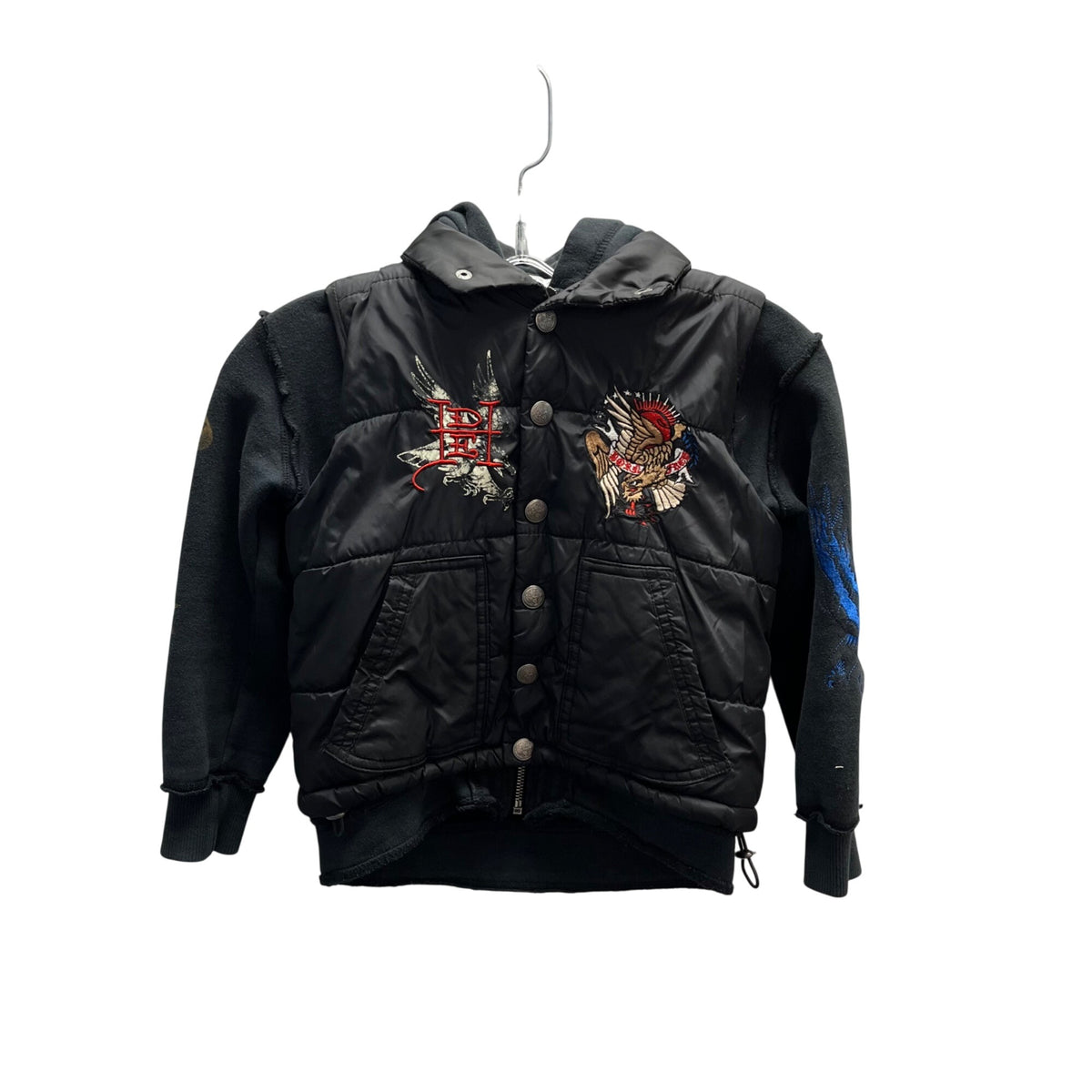 Don Ed Hardy Mens Black Mixed Material Embroidered Graphic Hooded Jacket Size S
