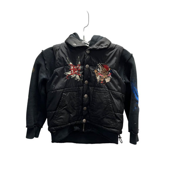 Don Ed Hardy Mens Black Mixed Material Embroidered Graphic Hooded Jacket Size S