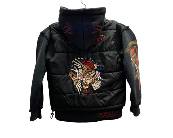 Don Ed Hardy Mens Black Mixed Material Embroidered Graphic Hooded Jacket Size S