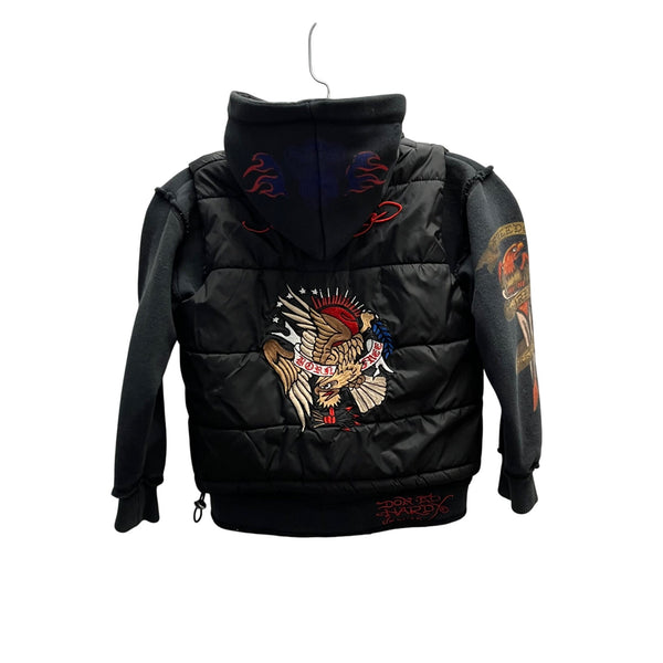 Don Ed Hardy Mens Black Mixed Material Embroidered Graphic Hooded Jacket Size S
