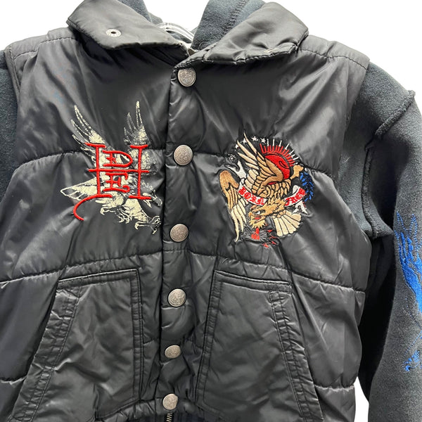 Don Ed Hardy Mens Black Mixed Material Embroidered Graphic Hooded Jacket Size S