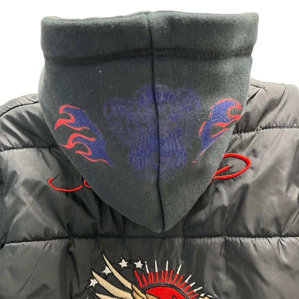Don Ed Hardy Mens Black Mixed Material Embroidered Graphic Hooded Jacket Size S