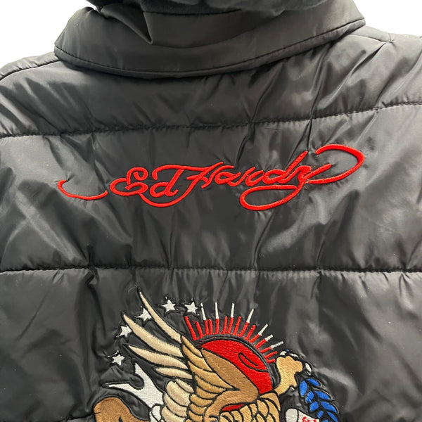 Don Ed Hardy Mens Black Mixed Material Embroidered Graphic Hooded Jacket Size S
