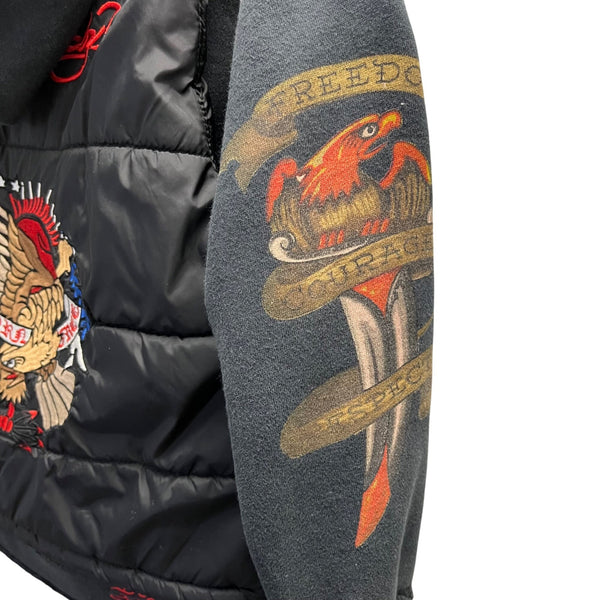Don Ed Hardy Mens Black Mixed Material Embroidered Graphic Hooded Jacket Size S
