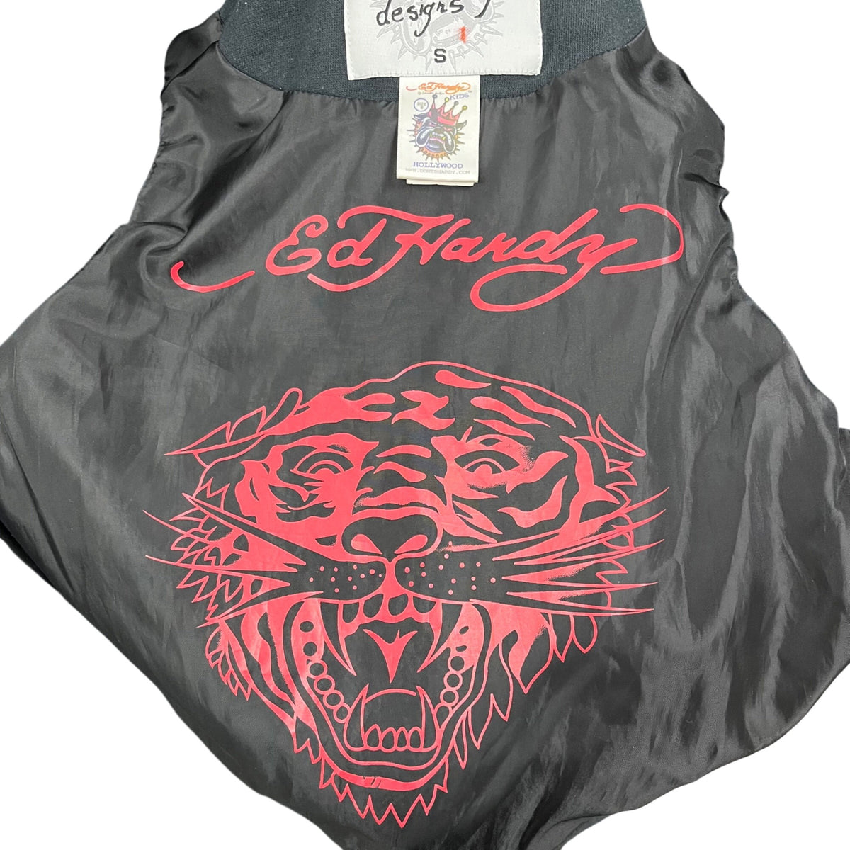 Don Ed Hardy Mens Black Mixed Material Embroidered Graphic Hooded Jacket Size S