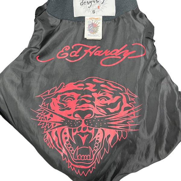 Don Ed Hardy Mens Black Mixed Material Embroidered Graphic Hooded Jacket Size S