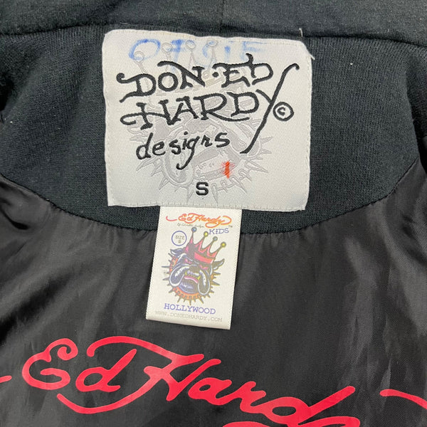 Don Ed Hardy Mens Black Mixed Material Embroidered Graphic Hooded Jacket Size S