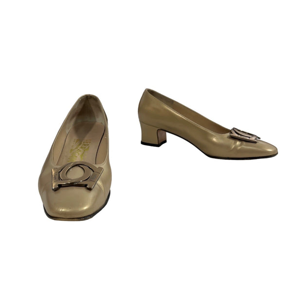 Vintage Salvatore Ferragamo Women's Gold Firenze Round Toe Slip On Pumps Sz 5.5B