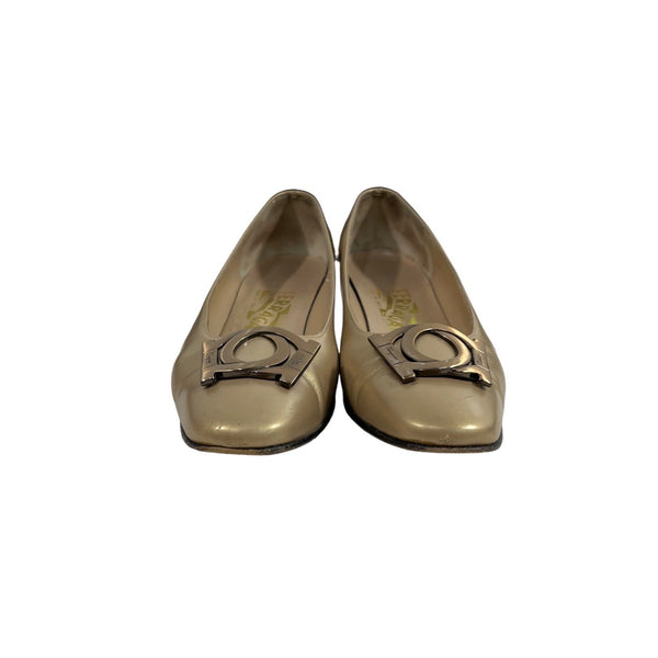 Vintage Salvatore Ferragamo Women's Gold Firenze Round Toe Slip On Pumps Sz 5.5B