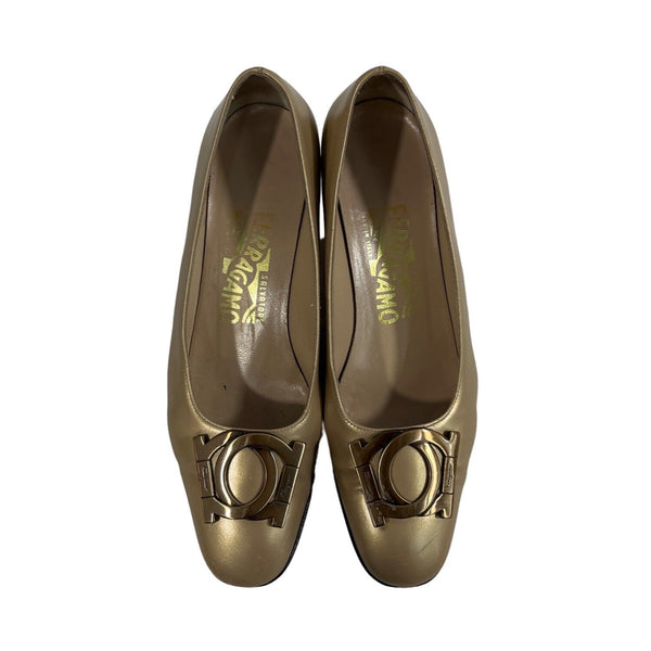 Vintage Salvatore Ferragamo Women's Gold Firenze Round Toe Slip On Pumps Sz 5.5B