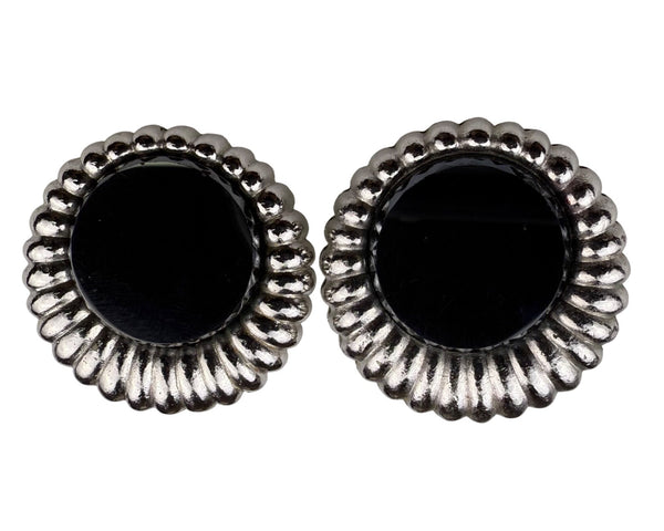 Sarah Coventry Womens Silver Tone Clip-On Earrings Retro 1960s Scalloped Black Accents